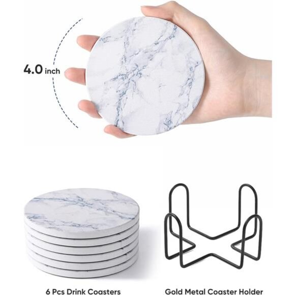 Coasters for Drinks, White Marble-Style Absorbent Coasters with Holder, - Picture 6 of 14
